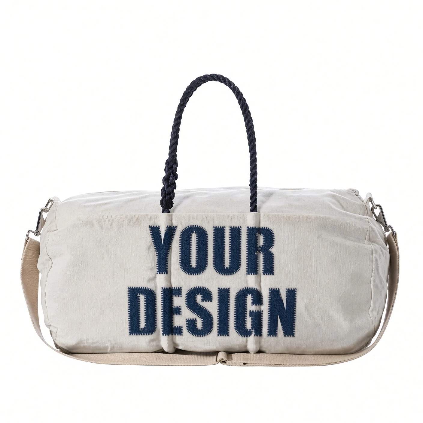 An off-white canvas duffle bag with navy rope handles and a stitched block monogram across the front