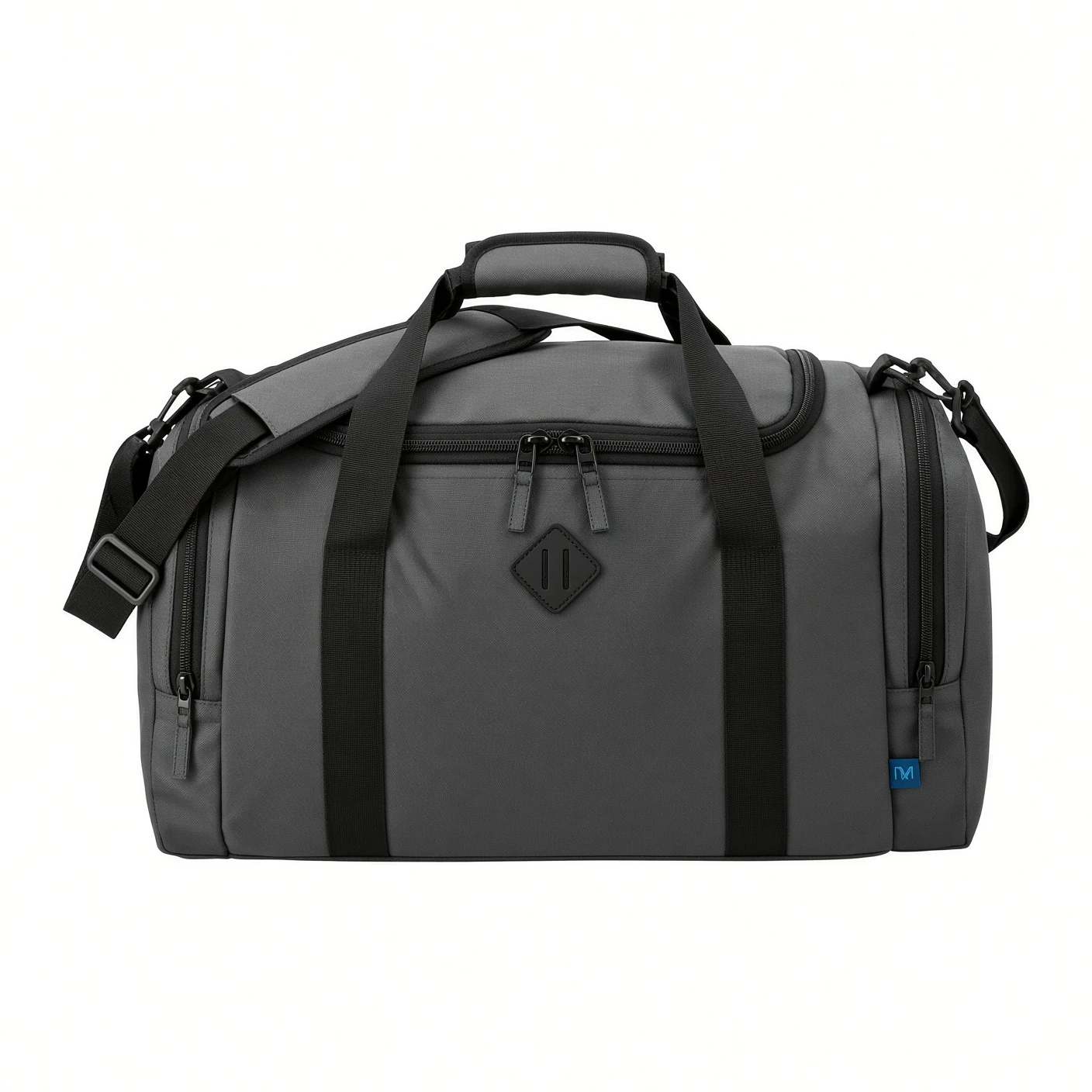 A graphite duffle bag with a padded handle wrap, twin zip pulls, end zips and a small woven brand tab