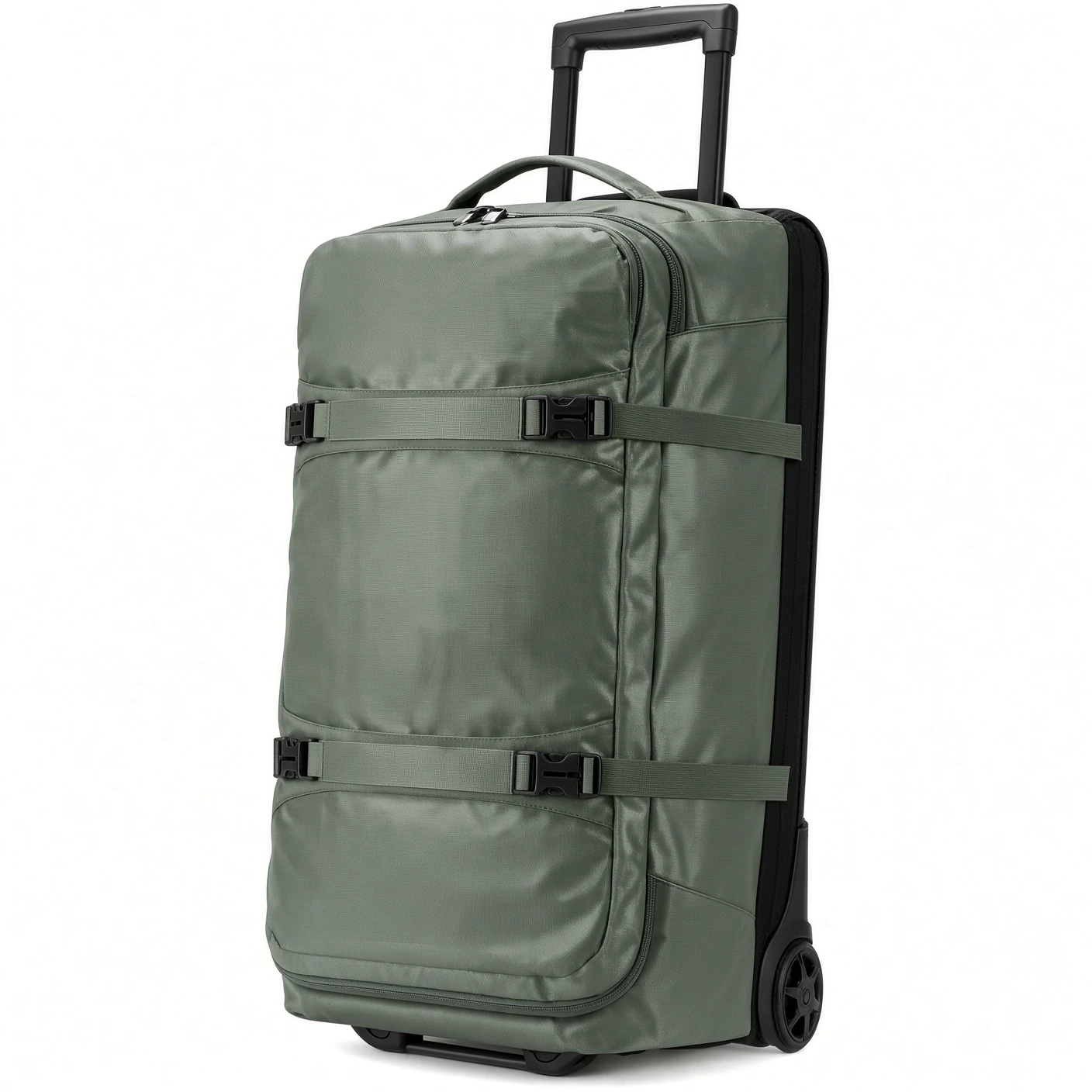 An olive wheeled duffle standing upright on two wheels with its telescopic handle extended and two compression straps across the front