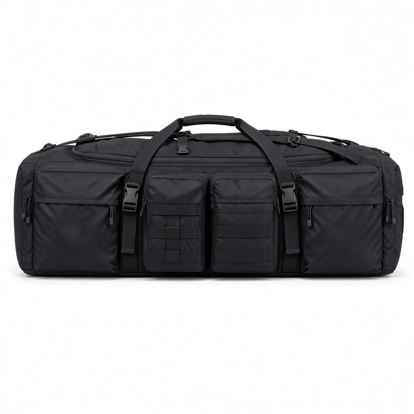 A black tactical duffle bag with modular webbing panels on two front pockets and side-release buckles
