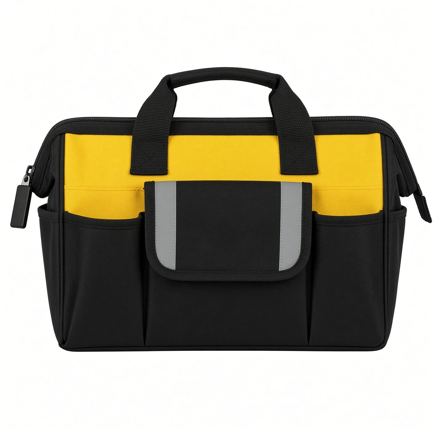 A black and yellow framed tool bag with an open front flap, slip pockets around the sides and a zip across the top
