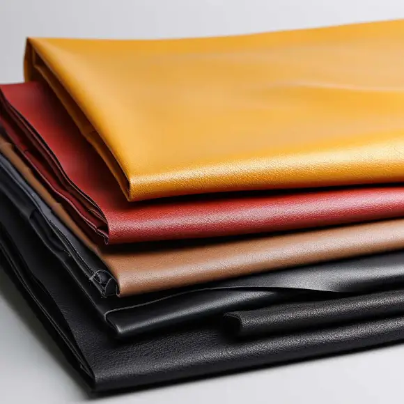 A stack of PU leather in yellow, red, tan and black showing its embossed grain