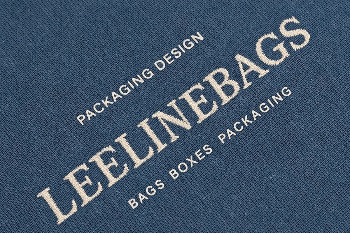 The leelinebags wordmark embroidered in cream thread on dark navy woven fabric