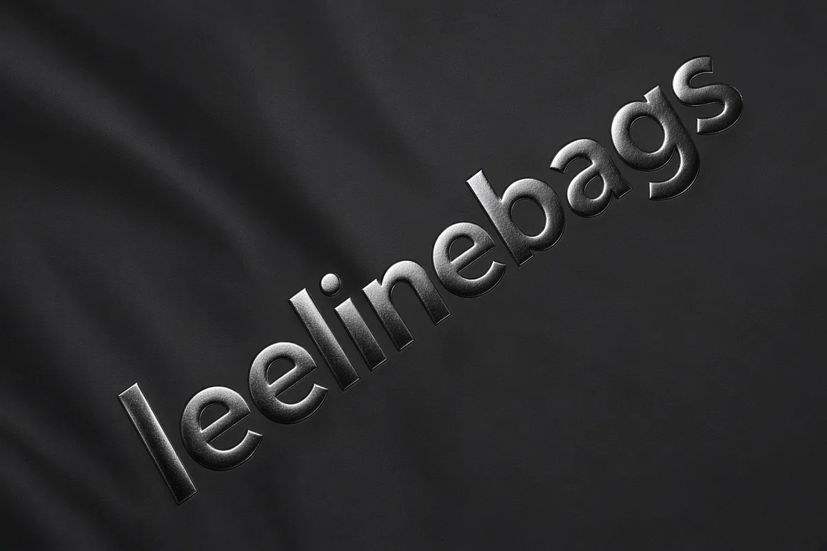 A raised metallic leelinebags wordmark printed on a dark coated fabric