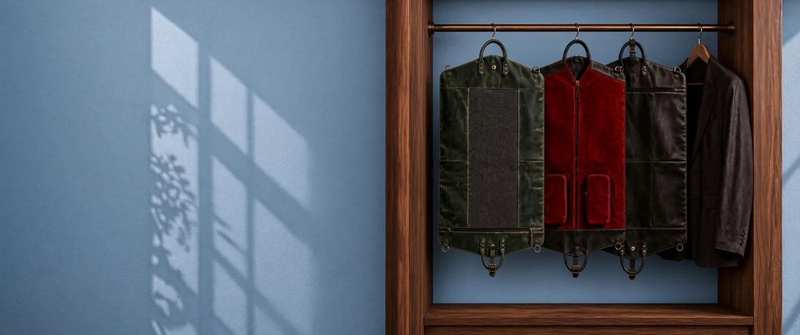 Three garment bags in green, dark red and black hanging from a rail inside a wooden wardrobe, a brown suit jacket on a hanger beside them, lit by window light across a blue wall