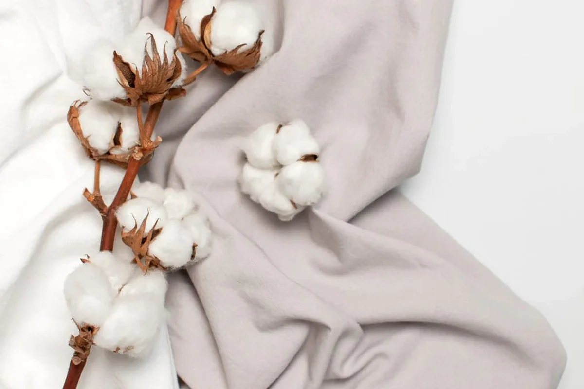 Soft grey cotton fabric with raw cotton bolls resting on it