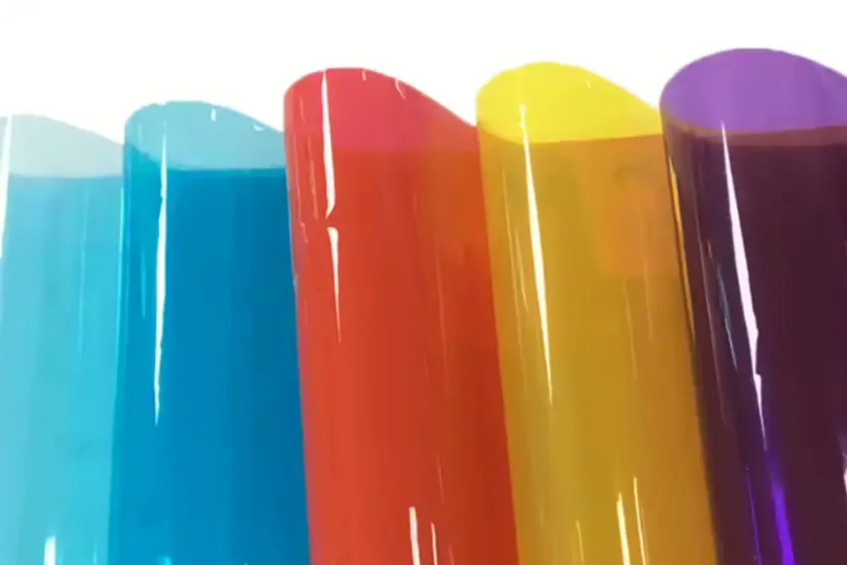 Rolls of PEVA film in clear, red, amber and purple