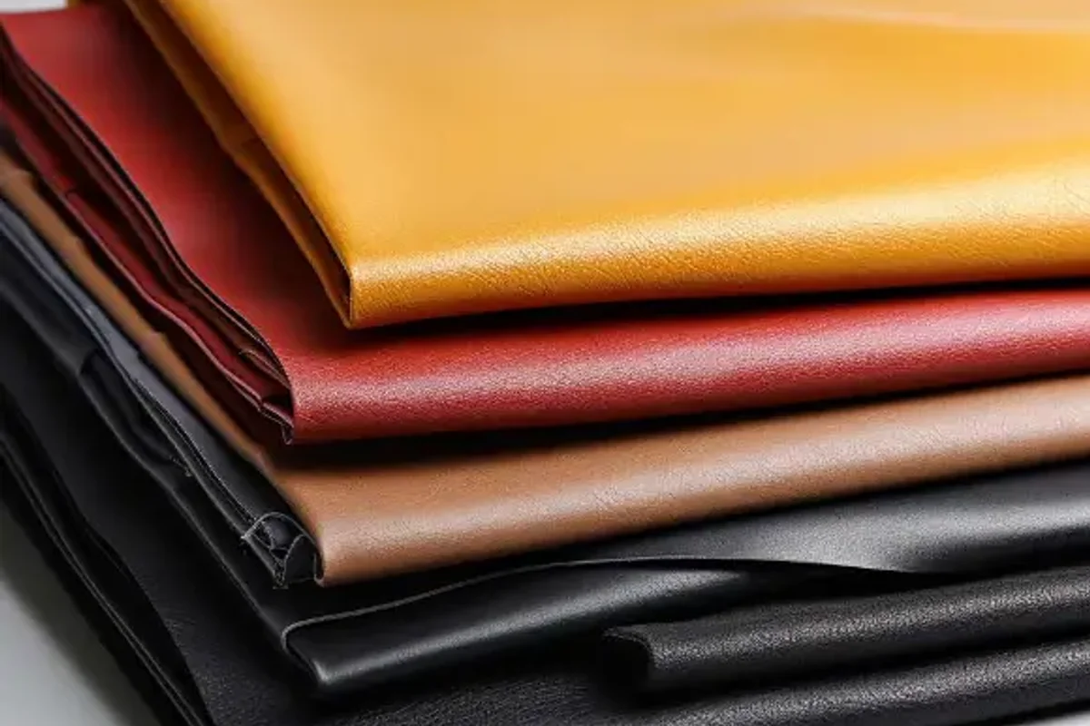 Stacked hides of PU leather in tan, red, brown and black