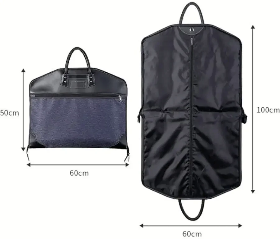 Two garment covers shown with their dimensions marked — a flat carrier measured 60 by 50 cm and a long cover measured 60 by 100 cm