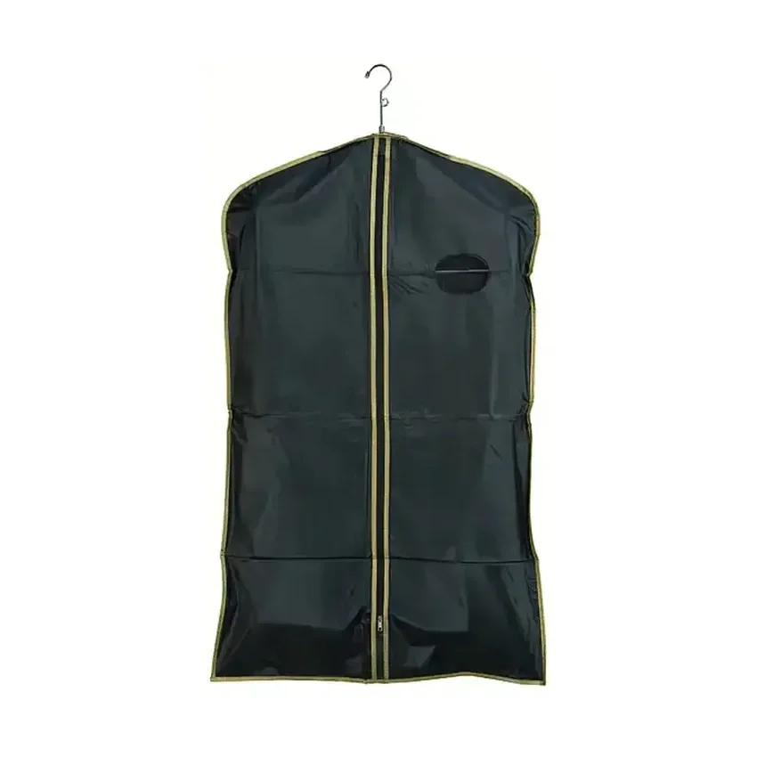 A black vinyl garment cover with a full-length zip, a top carry handle and a mesh front pocket