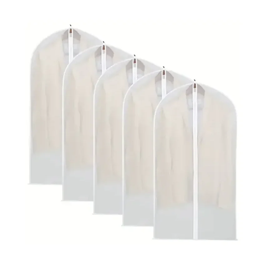 A run of clear vinyl garment covers, each with a full-length zip down the front