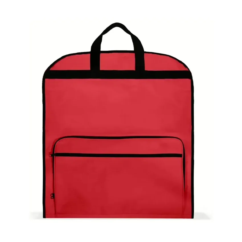 A red non-woven garment bag with a zipped front pocket and a carry handle