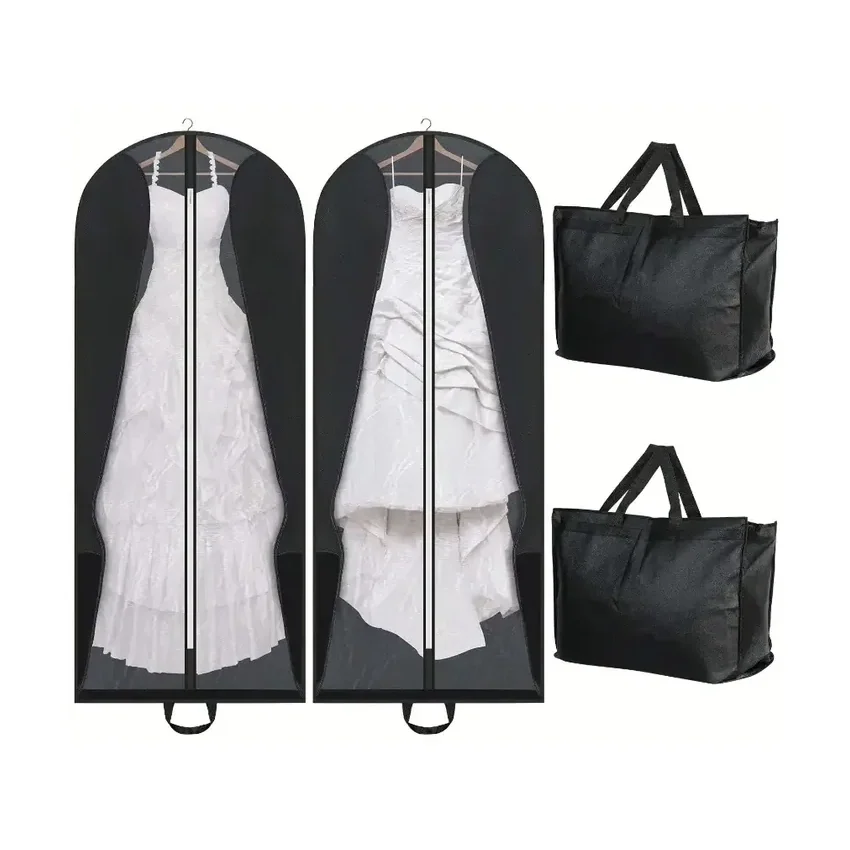Two long white gown covers holding bridal dresses, a three-quarter-length and a full-length gown, with two drawstring pouches beside them