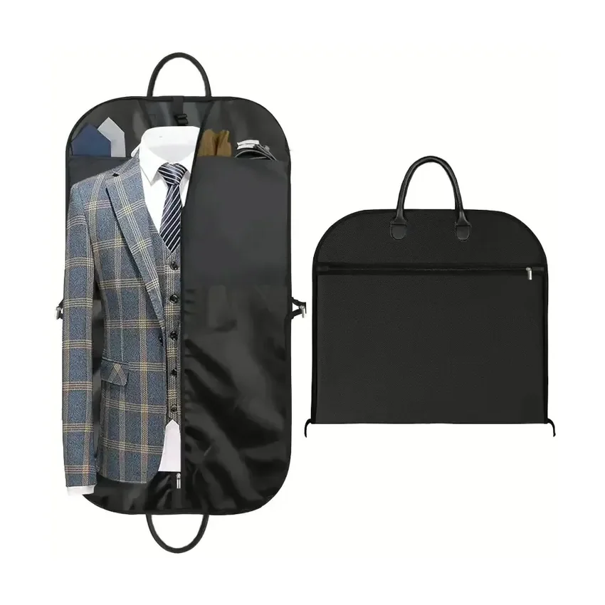 A luxury suit cover in black quilted cloth holding a check suit and tie, with a plain carry case alongside it