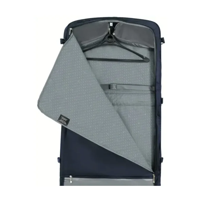 A grey packable garment bag shown open, its folded interior and a suit hanger exposed