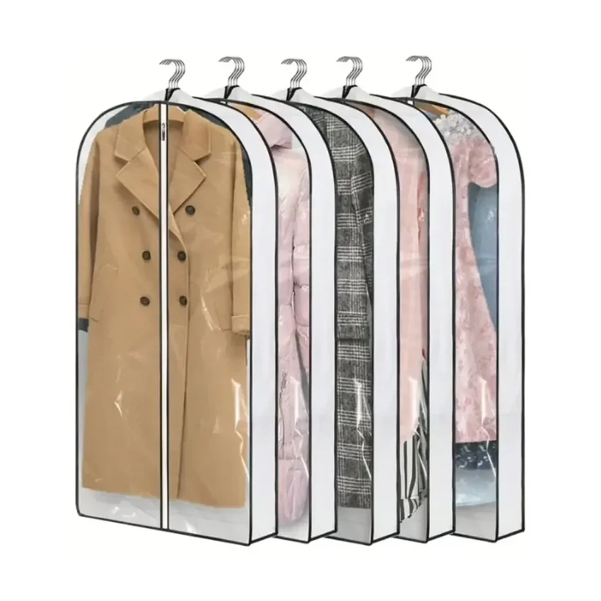 A rail of clear-fronted garment covers holding a range of suits and coats, each on its own hanger
