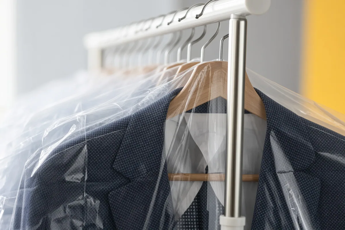 Suits under clear covers on wooden hangers along a metal rail at a dry cleaner