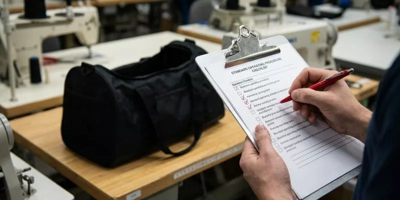 .Quality control technician checking standard operating procedure checklist next to a sample gym bag.