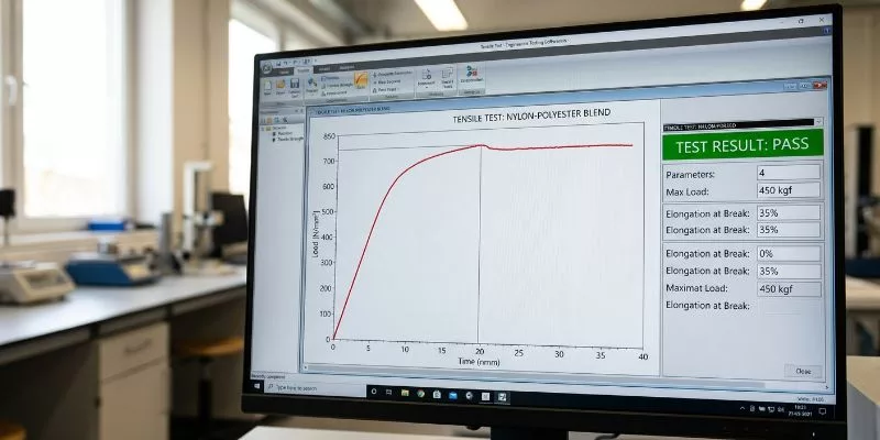 Laboratory computer screen displaying successful tensile strength test results.