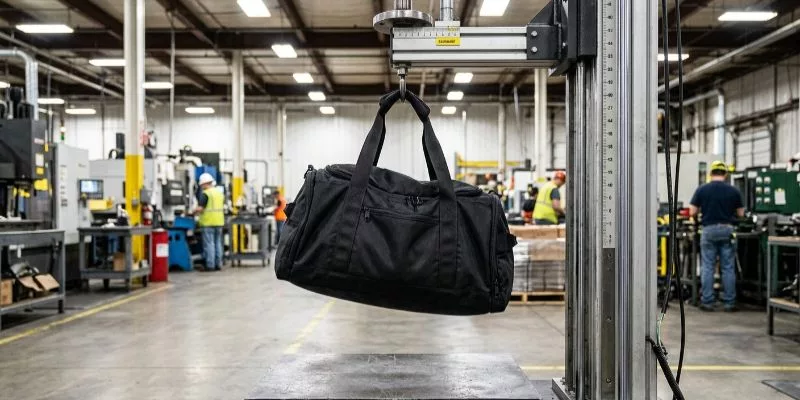 Heavy-duty gym duffle bag loaded with weights undergoing dynamic drop testing in a factory.