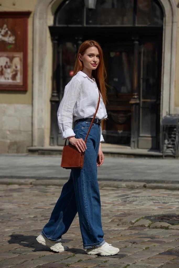 A tan leather box bag with a long strap, carried through a cobbled old town
