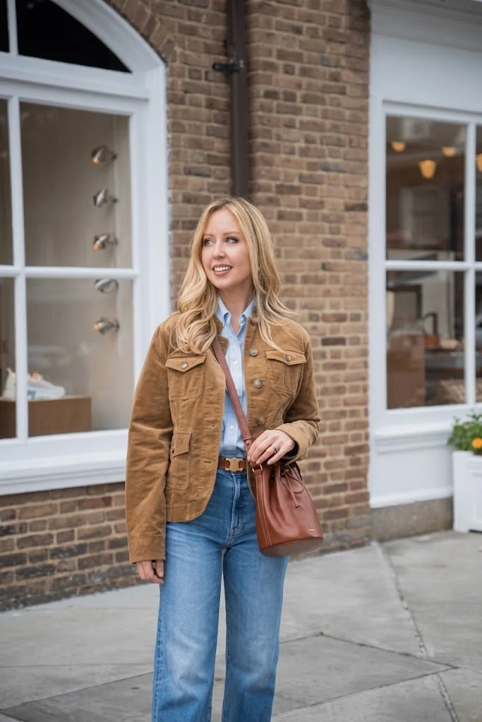 A brown leather drawstring bucket bag carried past a brick shopfront