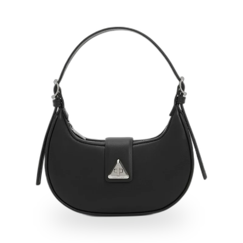 A black leather shoulder bag with a crescent hobo shape