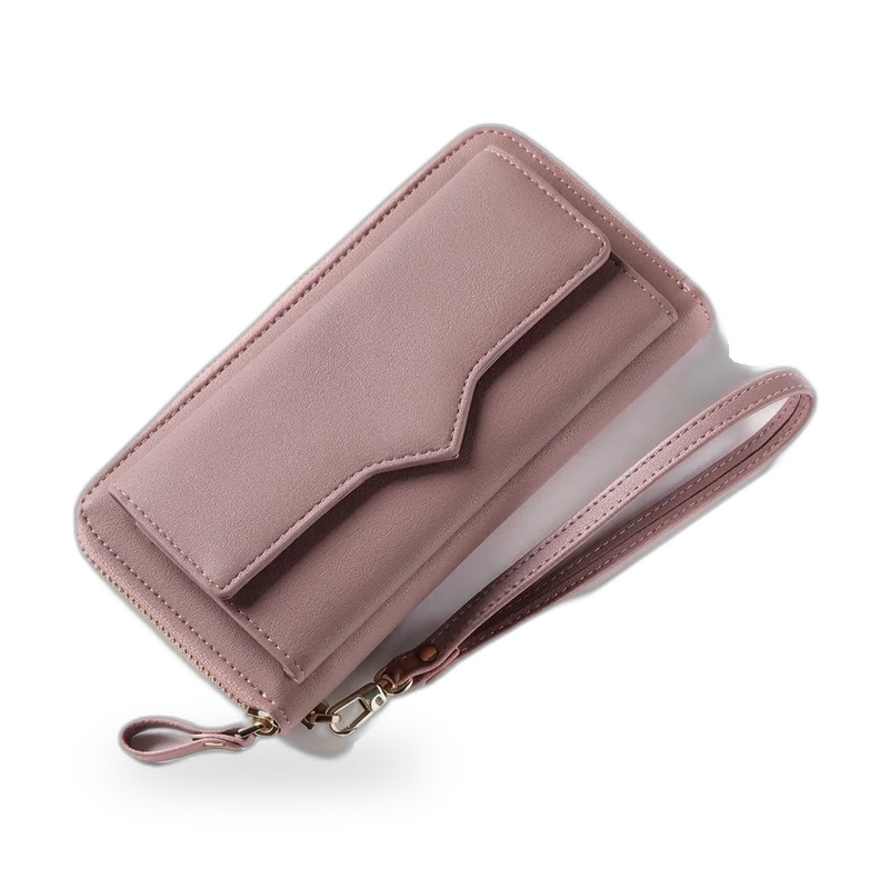 A dusty pink zip purse with a wrist strap