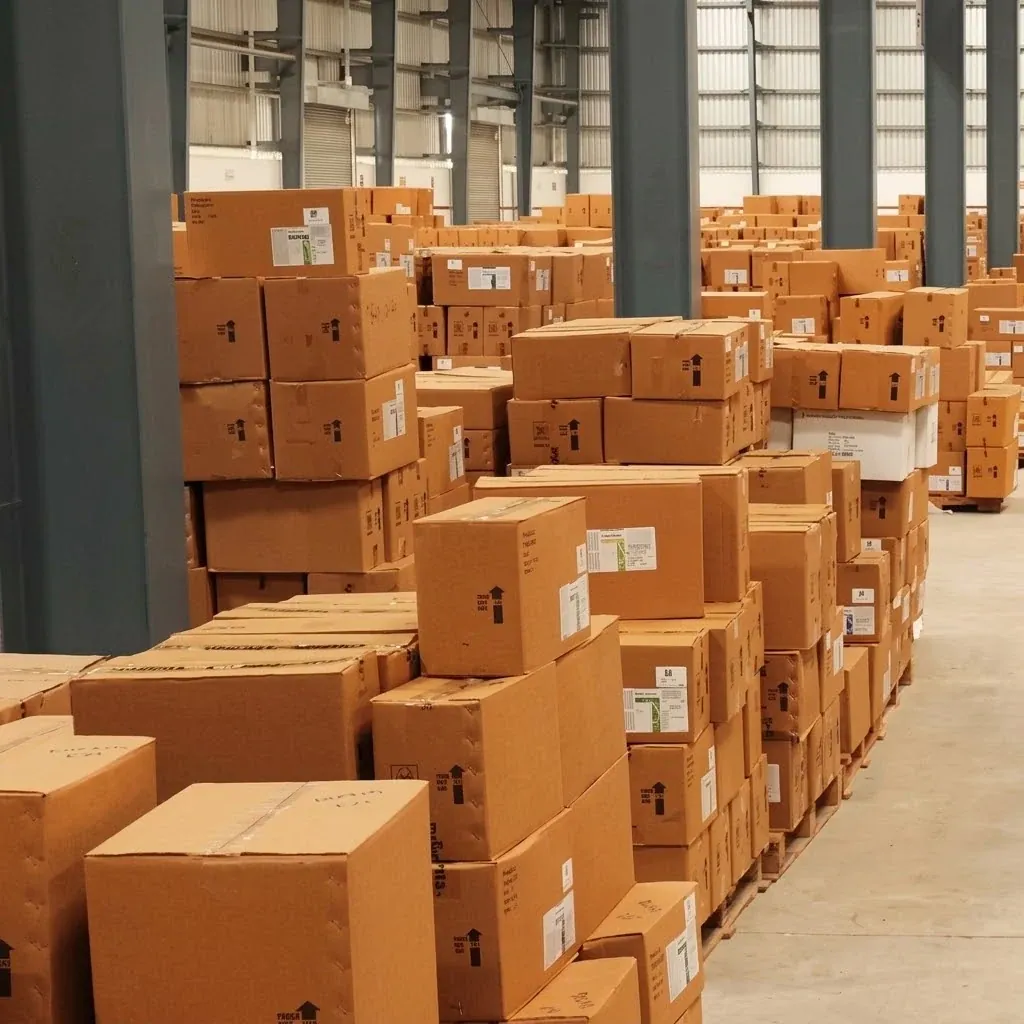 Stacked and labelled shipping cartons on pallets in a warehouse aisle