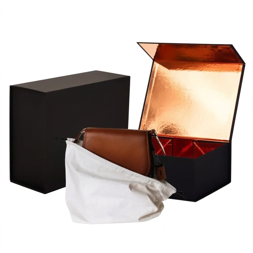 A magnetic gift box with a copper foil interior, a branded cotton dust bag and a tan leather handbag