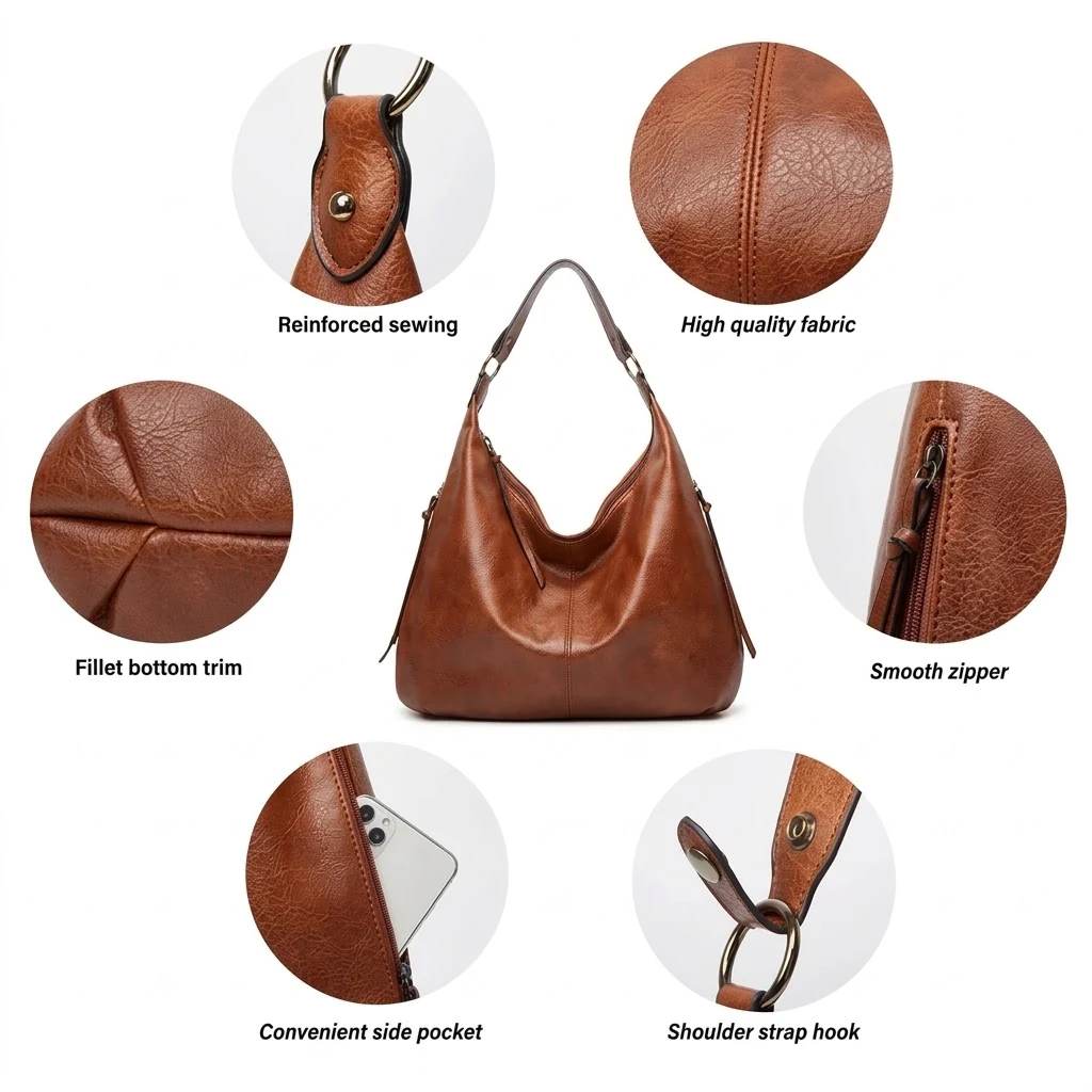 Callouts on a tan leather hobo bag showing reinforced sewing, grain quality, fillet bottom trim, smooth zipper, side pocket and shoulder strap hook