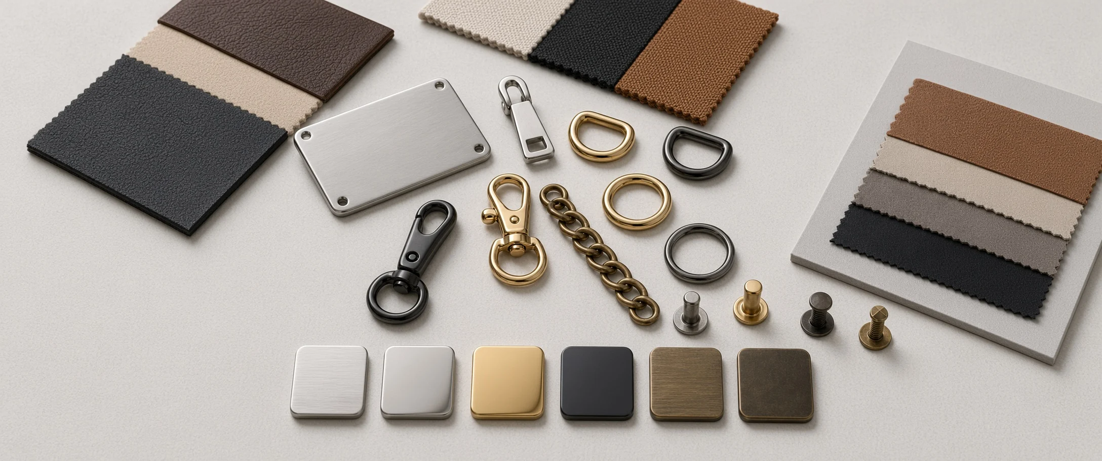 Bag fittings laid on a table — clip hooks, D-rings, plated squares and rivets in silver, gold and gunmetal — beside leather and webbing swatches