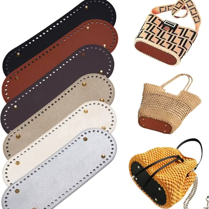 Bag bases in black, rust, taupe and cream leather and woven panels, each set with a row of brass foot studs