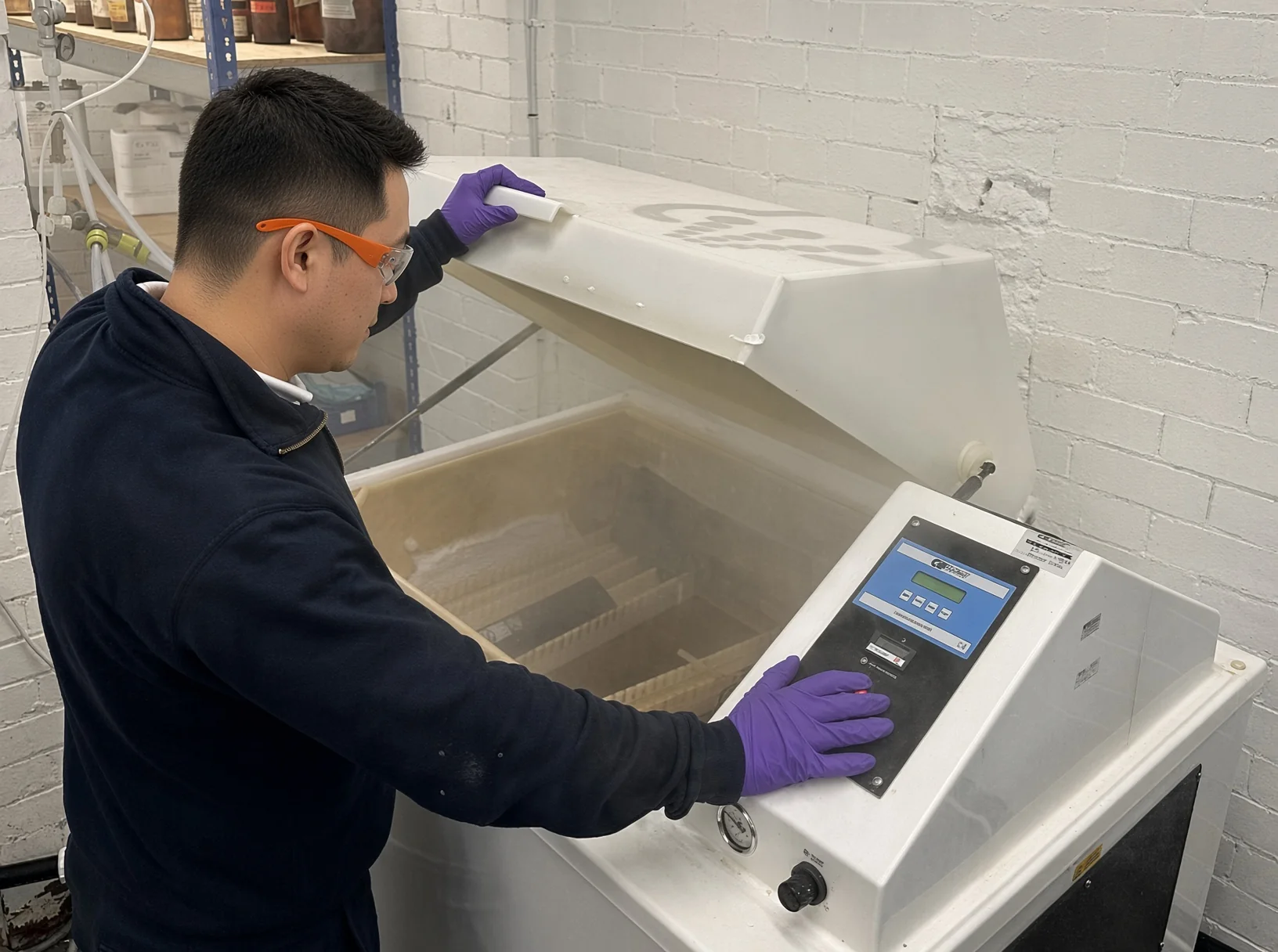 A technician in purple nitrile gloves lifting the lid of a salt-spray chamber, the fogged sample rack visible inside