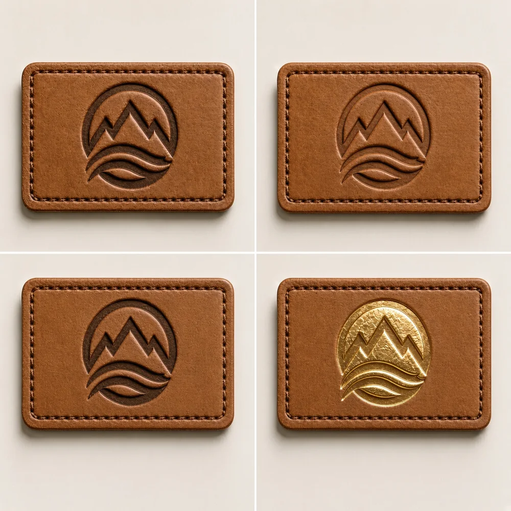 A 2×2 set of stitched tan leather patches carrying the same mountain-and-wave logo worked four ways: a dark recessed deboss, a shallow pressed mark, a deeply pressed mark, and a gold-foil stamped mark standing proud of the grain