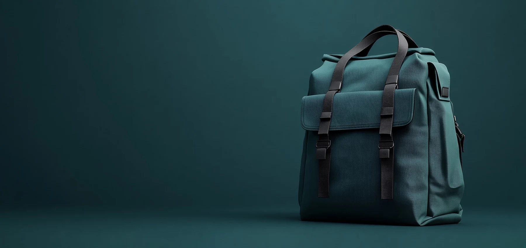 A leather laptop backpack on a teal ground, closure buckled, a computer sleeve and organiser behind it
