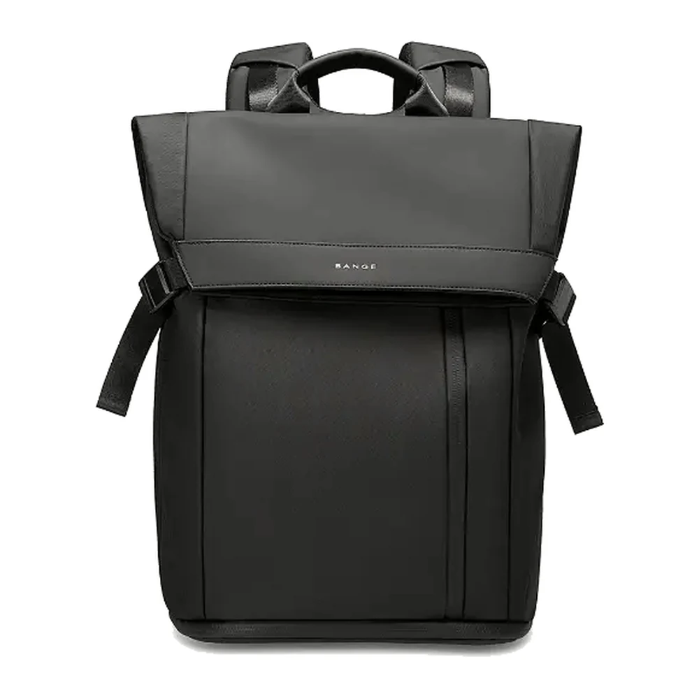 A black leather and fabric commuter backpack with a rolled flap top, a slim leather panel across the fold and side compression straps