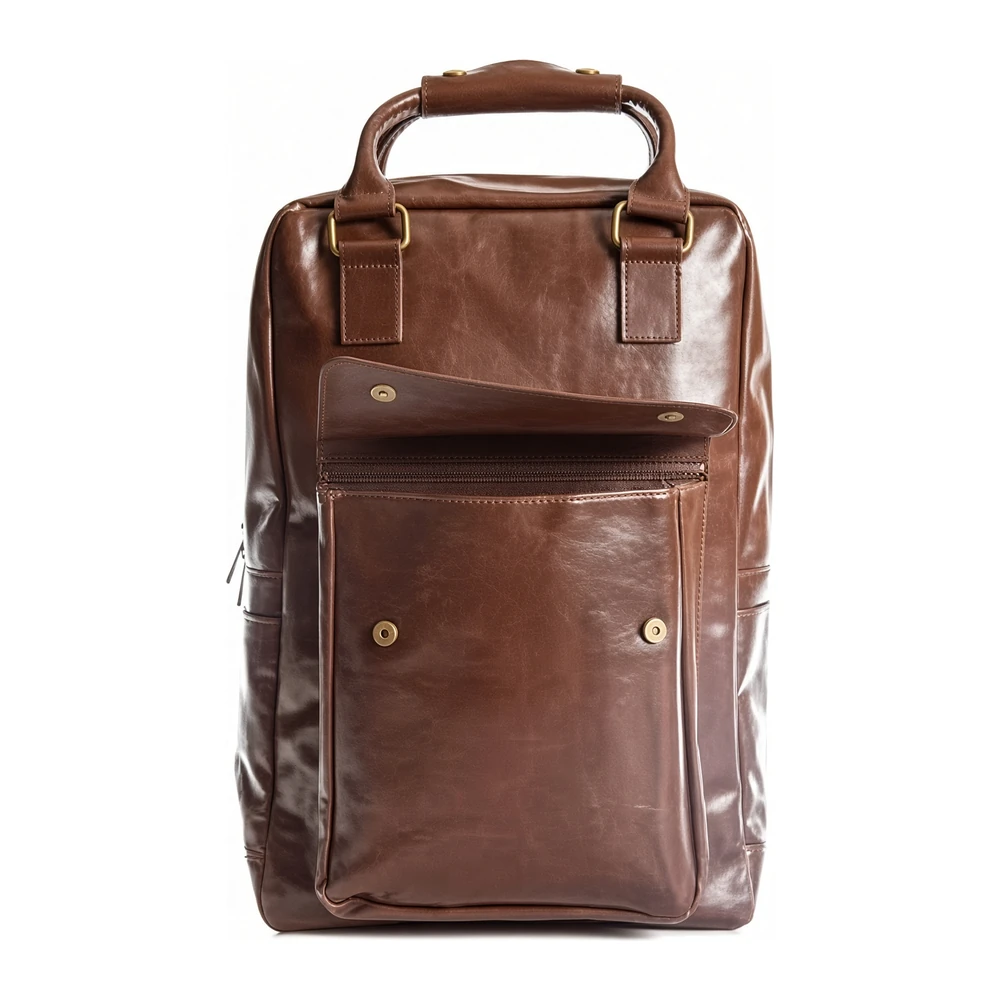A brown leather laptop backpack standing upright, a raised top handle, and an exposed brass-popper front pocket just below the zip