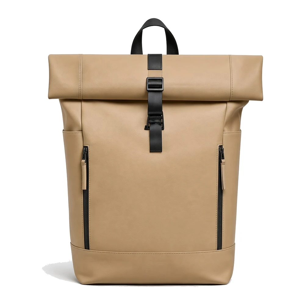 A sand-coloured leather roll-top backpack, the top rolled and fastened with a black leather strap and buckle, twin vertical side zips and a black top handle