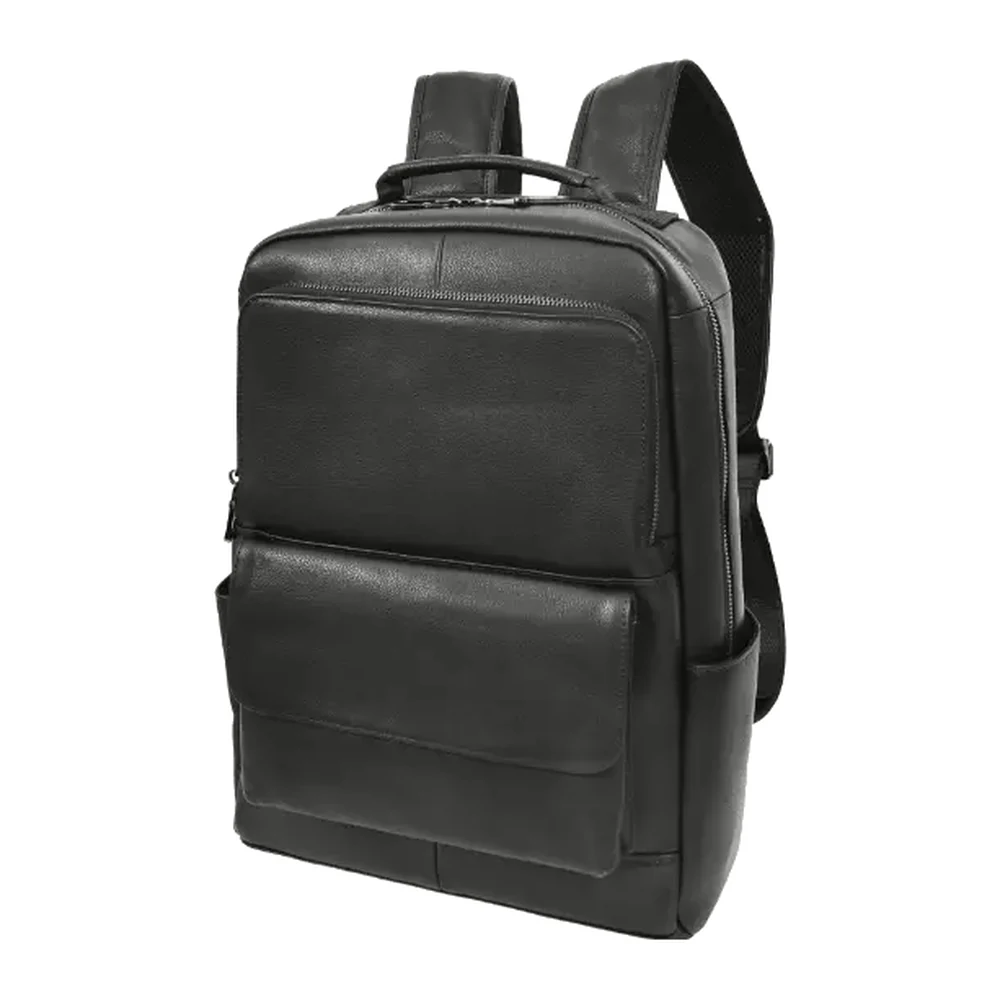 A black leather laptop backpack shown at three-quarter view with a front zip pocket, a side slip pocket and the device compartment open at the top