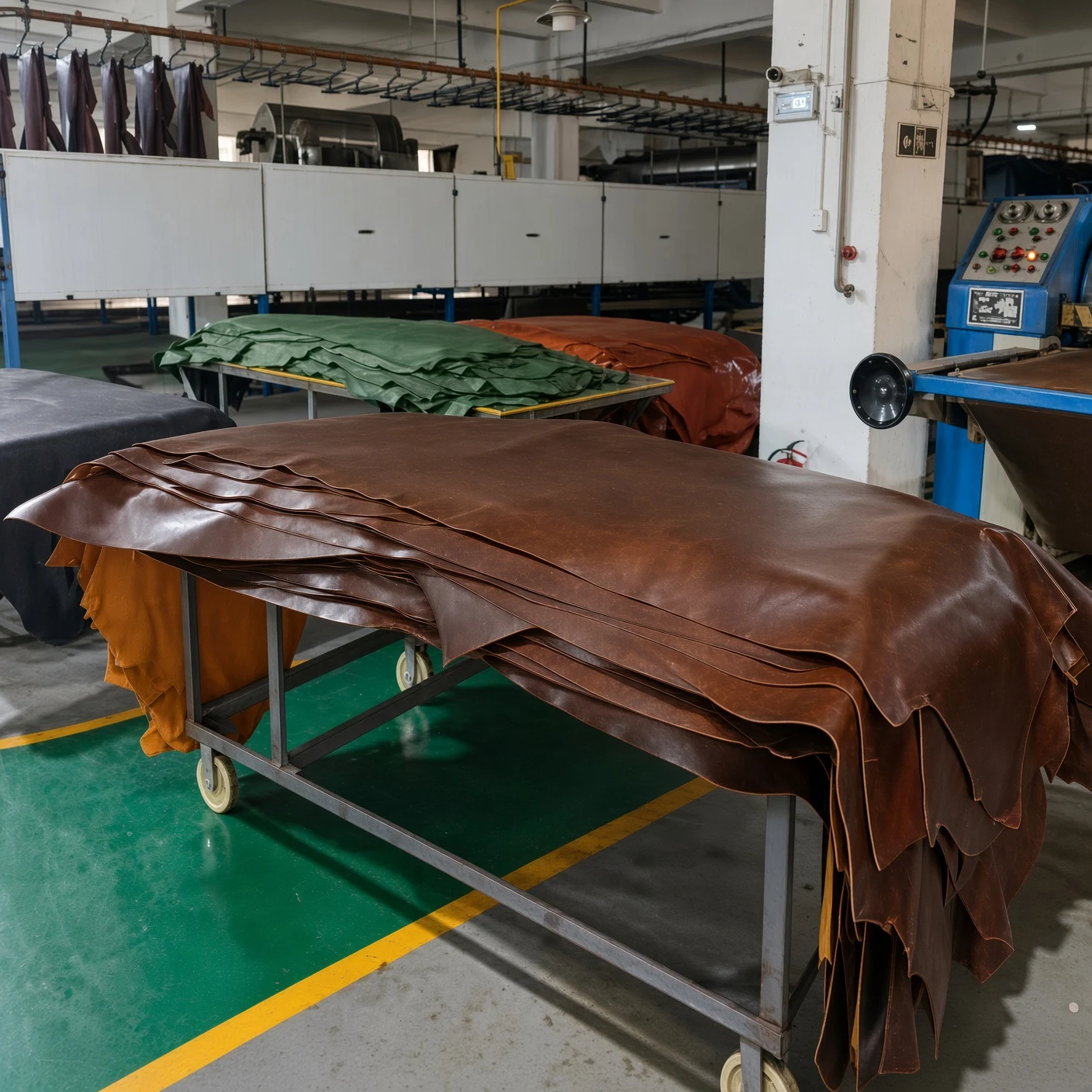 A leather factory floor with trolleys of stacked hides in brown, green and black under die-cutting machines