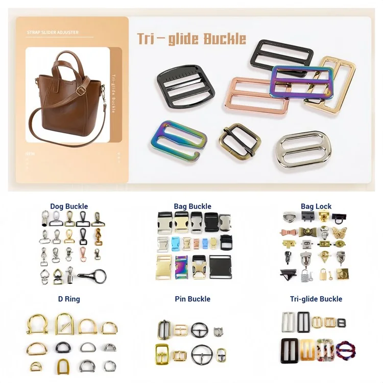 A catalogue of bag hardware — tri-glide buckles in several finishes plus grids of dog buckles, bag locks, D-rings and pin buckles