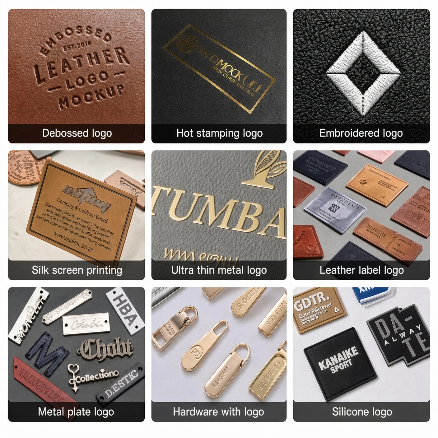 A grid of leather swatches showing debossed, hot-stamped, embroidered, silk-screen, metal and silicone logo finishes