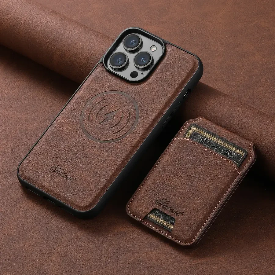 A brown leather phone case with a magnetic wallet card holder on a tan leather surface