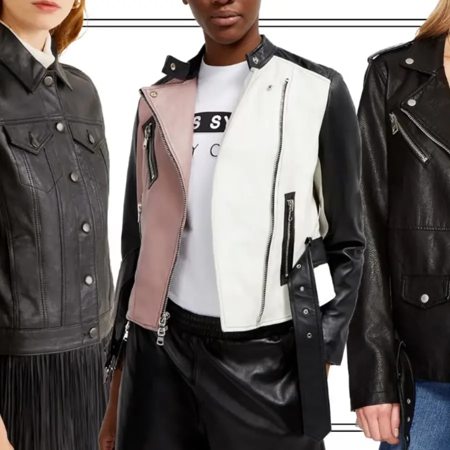 Three models wearing leather jackets — a black trucker jacket, a two-tone moto jacket and a black biker jacket