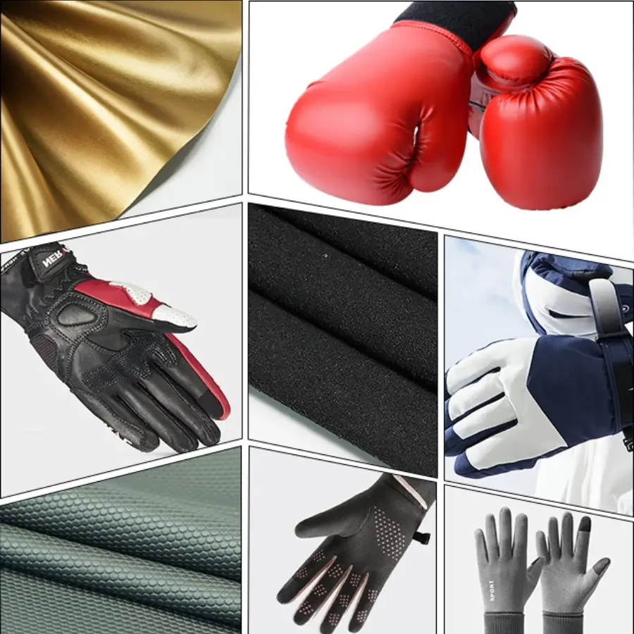 A grid of sports leathers — a gold hide, red boxing gloves, a motorcycling glove, black grip panels and several sports gloves
