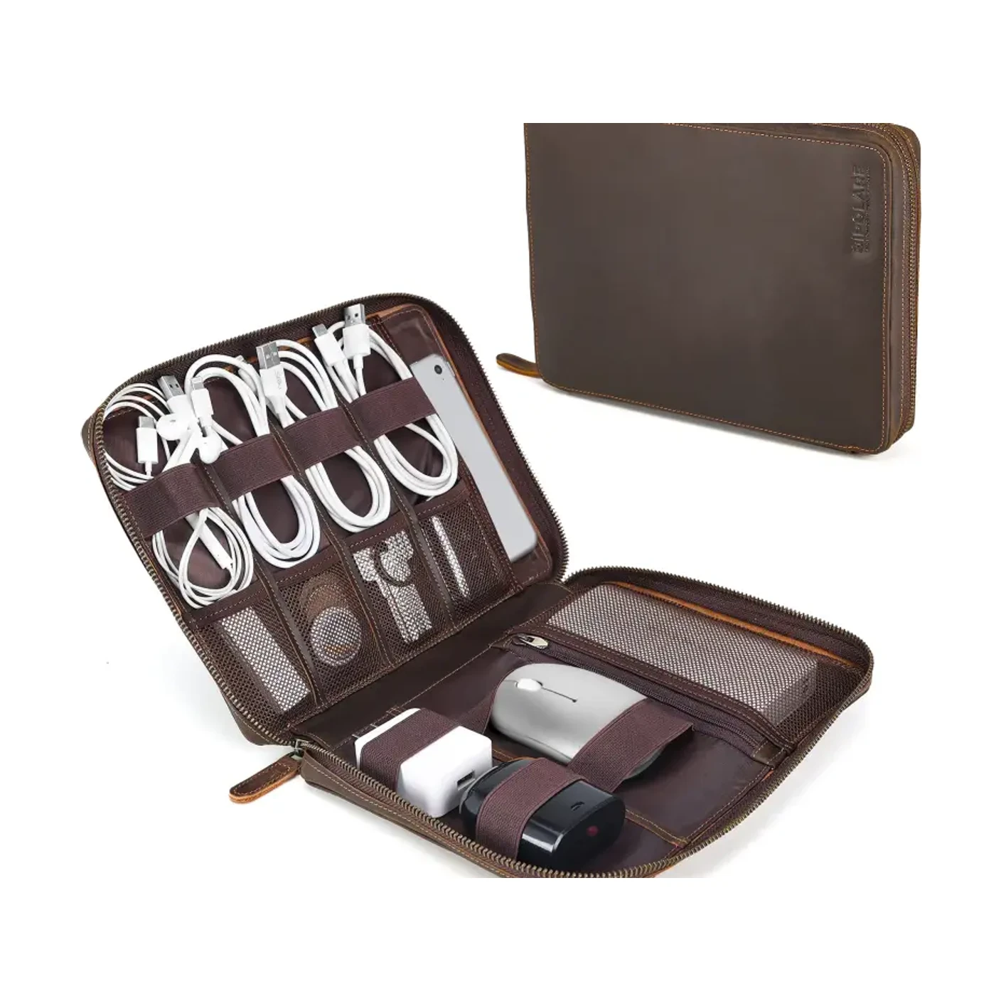 An open leather accessory case holding grooming tools beside a leather tray