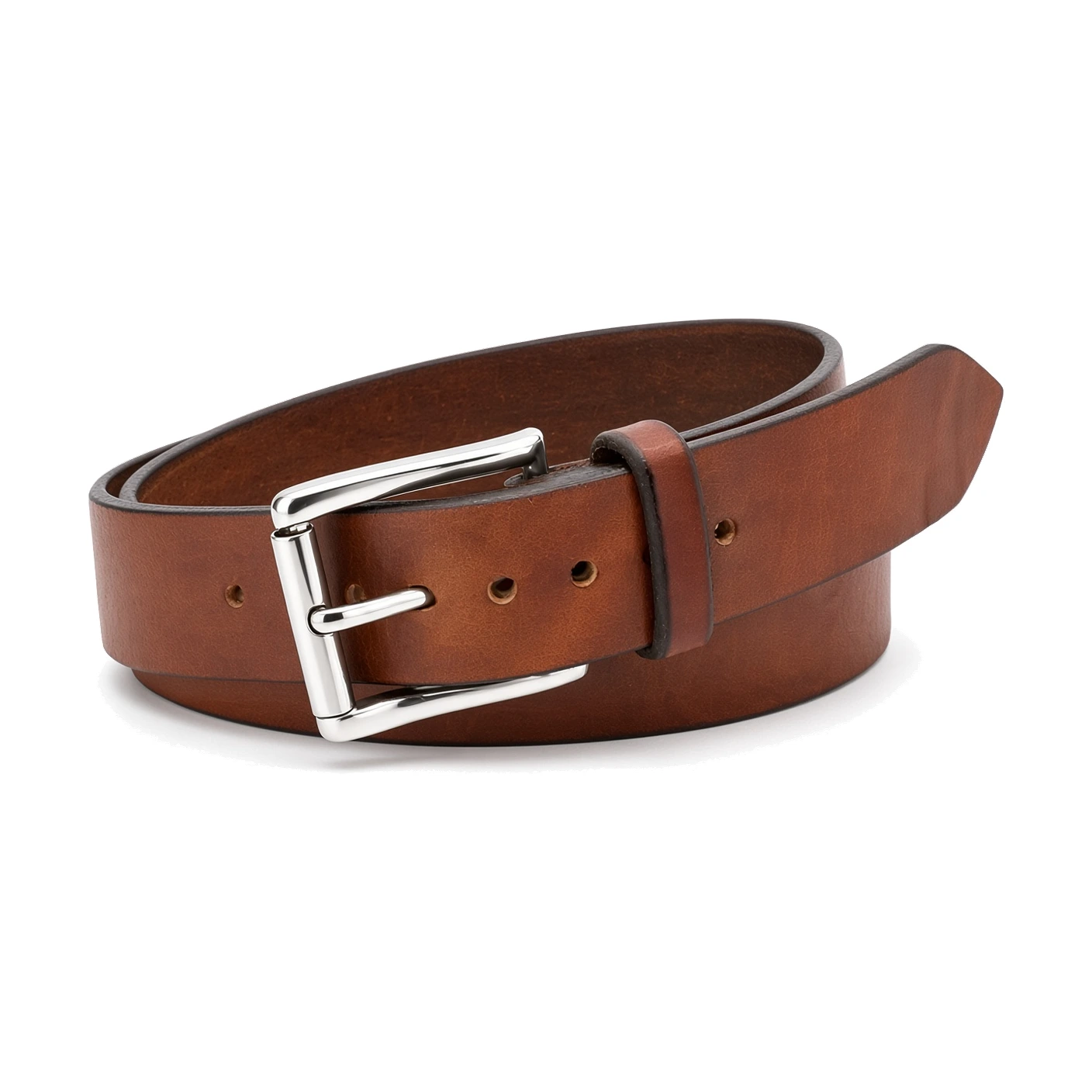 A brown leather belt with a silver-tone buckle laid in a loop