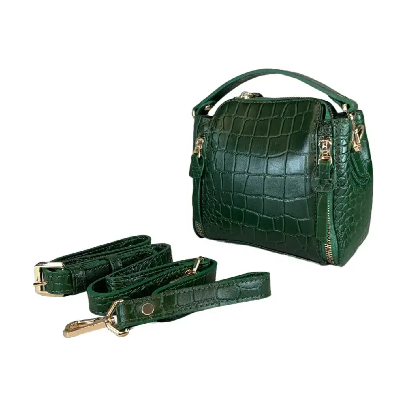 A dark green crocodile-embossed leather handbag with matching straps