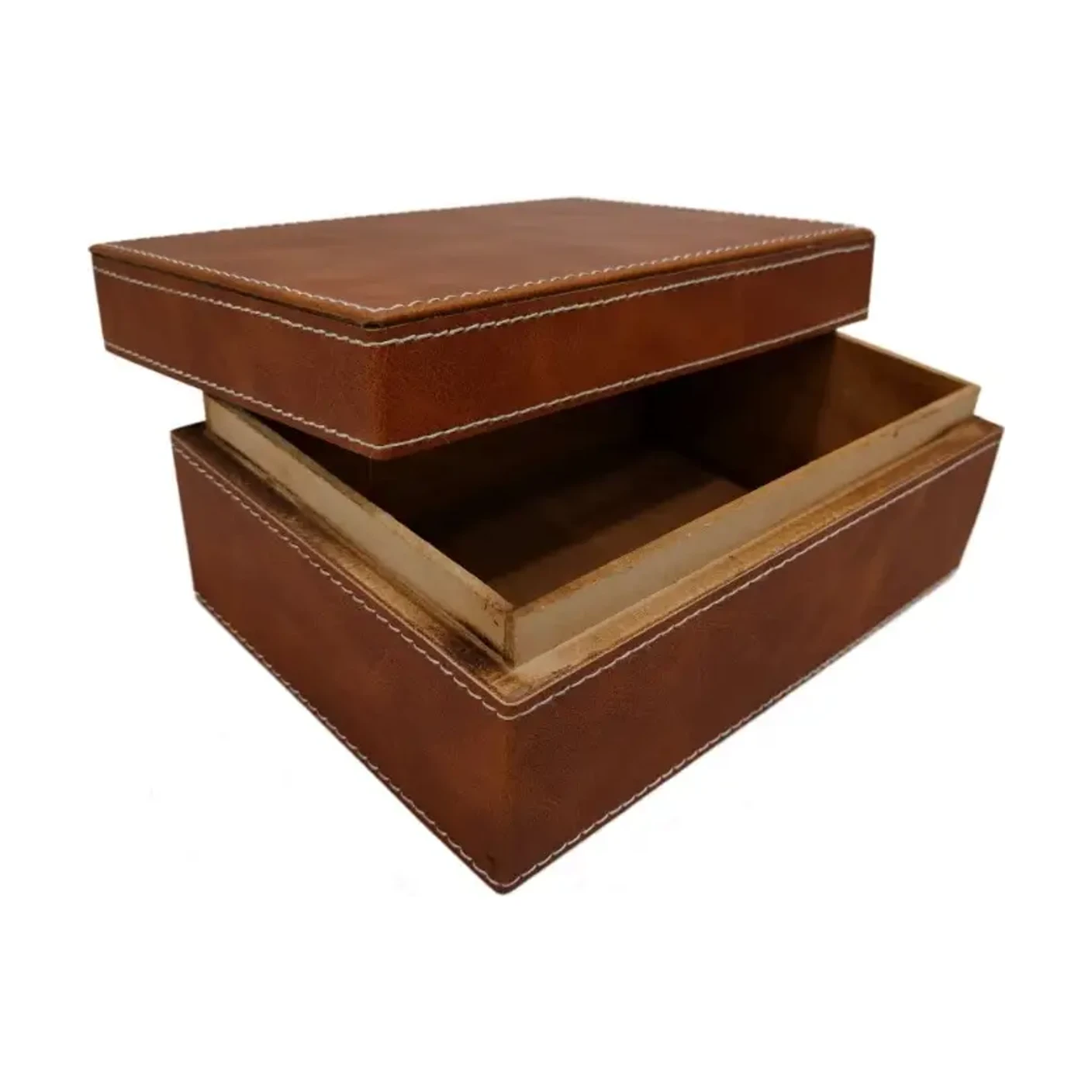 A rigid leather storage box with a fitted lid, open in two halves